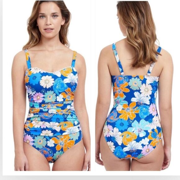 PROFILE BY GOTTEX Rising Sun One-piece Boho Blue Floral Swimsuit Size 10D - Picture 1 of 16